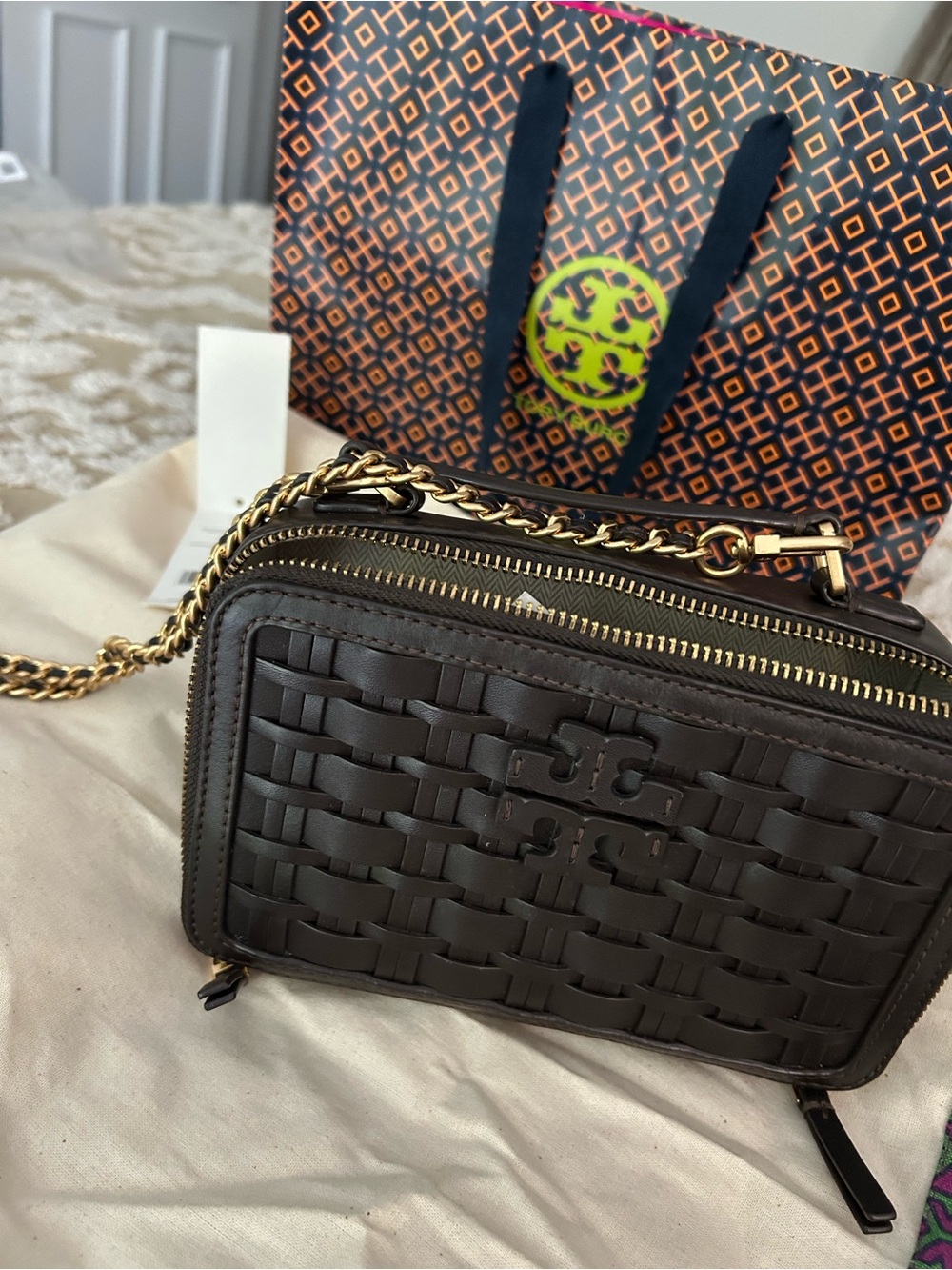Tory Burch Dark Brown Woven Leather Crossbody with Gold Chain